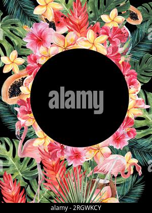 Leuchtend saftige Illustration zum Thema tropische Pflanzen und Strandurlaub. Runder Rahmen. Aquarell-Zeichnung von Hand auf schwarzem Hintergrund. Stockfoto