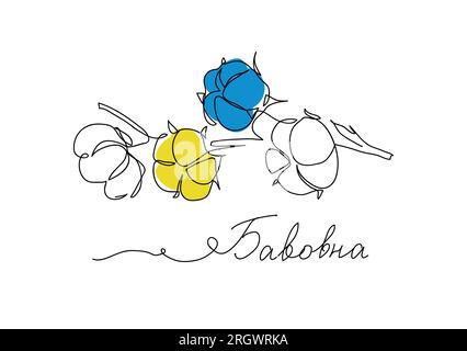 Ukrainischer Baumwoll-Vektordruck, Illustration in Blau und Gelb. t-Shirt-Design. Eine ununterbrochene Strichzeichnung von Baumwollblumen Stock Vektor