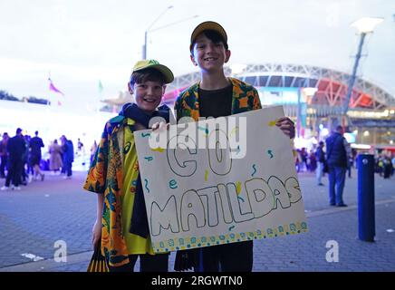 Australische Fans vor dem Viertelfinale der FIFA Women's World Cup im Stadium Australia, Sydney. Foto: Samstag, 12. August 2023. Stockfoto