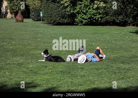 Menschen und Hunde UK. Ein Paar, das sich an einem heißen Sommertag im Freien erholt und den Hund im Auge behält. England Stockfoto