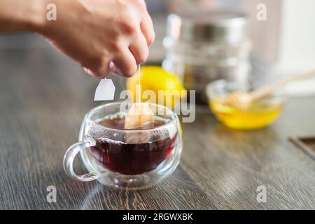 Die Frau legt den Teebeutel in den Glasbecher mit heißem Wasser Stockfoto