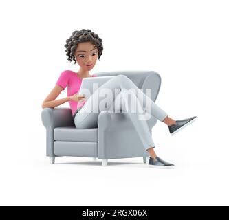 3D wunderschöne Frau sitzt im Sessel mit Tablet, Illustration isoliert auf weißem Hintergrund Stockfoto