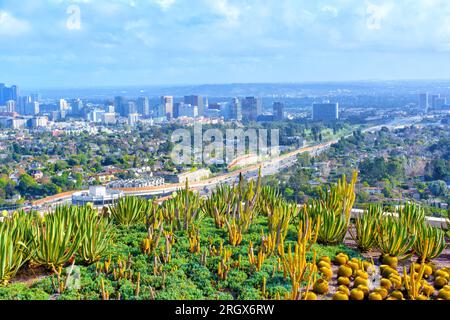 Malerischer Aussichtspunkt von Los Angeles vom malerischen Cactus Garden im Getty Center Stockfoto