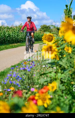 Eine nette Seniorin, die mit ihrem elektrischen Mountainbike in einem blühenden Blumenfeld radelt Stockfoto