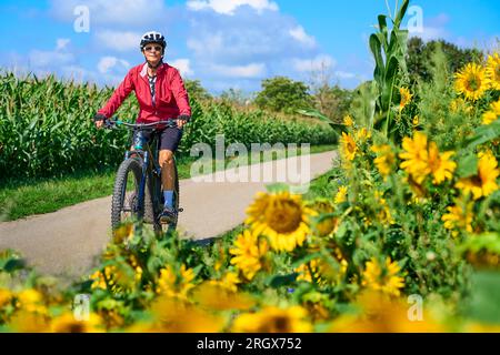 Eine nette Seniorin, die mit ihrem elektrischen Mountainbike in einem blühenden Blumenfeld radelt Stockfoto
