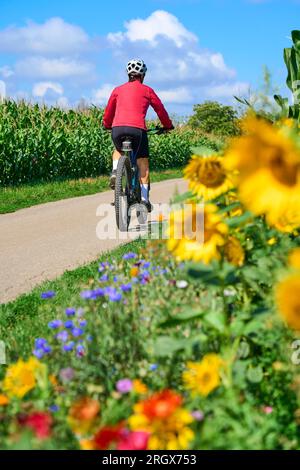 Eine nette Seniorin, die mit ihrem elektrischen Mountainbike in einem blühenden Blumenfeld radelt Stockfoto