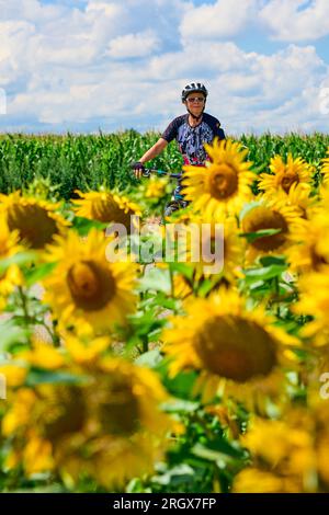 Eine nette Seniorin, die mit ihrem elektrischen Mountainbike in einem blühenden Blumenfeld radelt Stockfoto