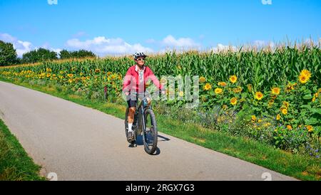 Eine nette Seniorin, die mit ihrem elektrischen Mountainbike in einem blühenden Blumenfeld radelt Stockfoto