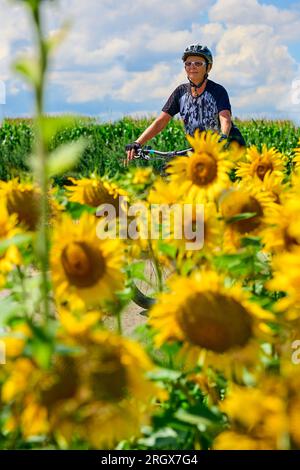 Eine nette Seniorin, die mit ihrem elektrischen Mountainbike in einem blühenden Blumenfeld radelt Stockfoto