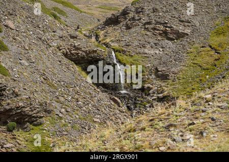 Wasserfall am Arroyo de San Juan, Bach, Borreguiles, Sierra nevada Nationalpark in 2500 m Höhe. Granada, Andalusien, Spanien. Stockfoto