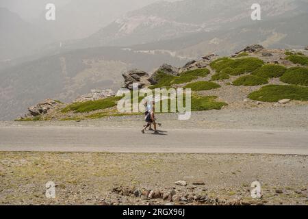 Ein Paar wandert in der Sommersaison um Hoyo de la Mora, Sierra Nevada. Granada, Andalusien, Spanien. Stockfoto