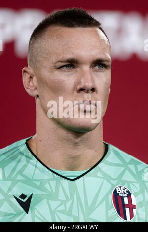 Lukasz Skorupski vom FC Bologna blickt auf das Fußballspiel Coppa Italia Frecciarossa zwischen dem FC Bologna und dem FC Cesena zurück. Stockfoto