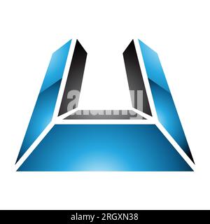 Blaues und schwarzes U-Symbol für den glänzenden Buchstaben in Perspektive auf weißem Hintergrund Stockfoto