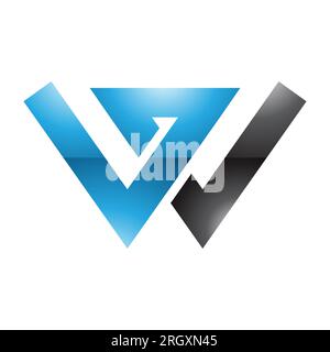 Blaues und schwarzes glänzendes Buchstabe-W-Symbol mit sich schneidenden Linien auf weißem Hintergrund Stockfoto