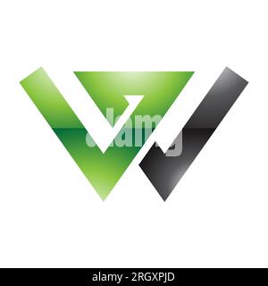 Grünes und schwarzes glänzendes Buchstabe-W-Symbol mit sich schneidenden Linien auf weißem Hintergrund Stockfoto