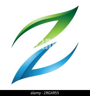 Grünes und blaues, feuerförmiges, glänzendes Z-Symbol auf weißem Hintergrund Stockfoto