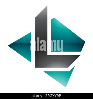 Persisch Grün und Schwarz Hochglanz-trapezförmiges L-Symbol auf weißem Hintergrund Stockfoto