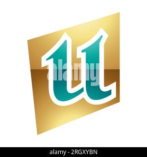 Persisch Grün und Gold glänzend verzerrtes quadratisches U-Symbol auf weißem Hintergrund Stockfoto