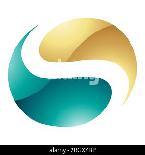 Persisch Grün und Gold glänzend kreisförmiges S-Symbol auf weißem Hintergrund Stockfoto