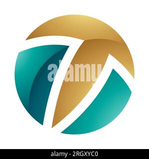Persisch Grün und Gold glänzender kreisförmiger Buchstabe T auf weißem Hintergrund Stockfoto