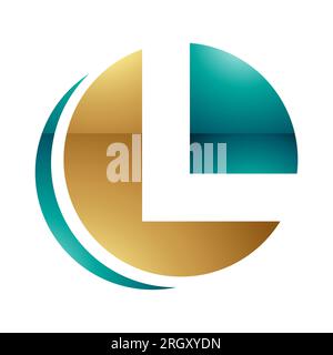 Persisches Grün- und goldenes kreisförmiges L-Symbol auf weißem Hintergrund Stockfoto