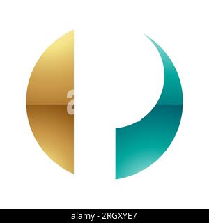 Persisch Grün und Gold glänzender kreisförmiger Buchstabe P auf weißem Hintergrund Stockfoto
