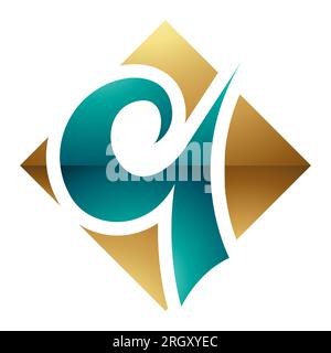 Persisch Grün und Gold glänzender rautenförmiger Buchstabe Q auf weißem Hintergrund Stockfoto