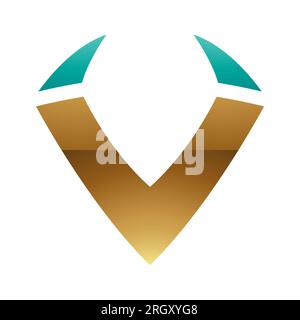 Persisch Grün und Gold Hochglanzhornförmiges V-Symbol auf weißem Hintergrund Stockfoto