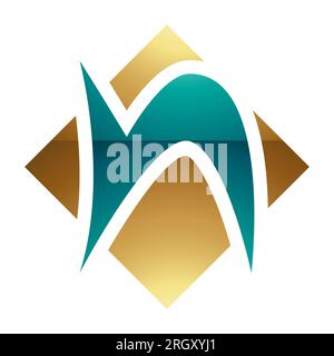 Symbol für den persischen grünen und goldenen glänzenden Buchstaben N mit einer quadratischen Rautenform auf weißem Hintergrund Stockfoto