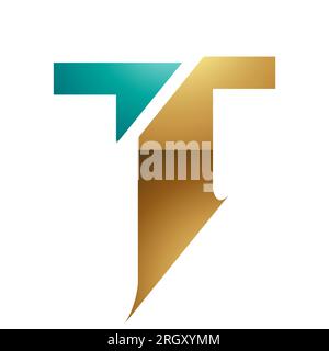 Persisch Grün und Gold glänzend geteiltes T-Symbol auf weißem Hintergrund Stockfoto
