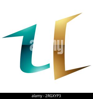 Persisch Grün und Gold glänzendes, spiky geformtes U-Symbol auf weißem Hintergrund Stockfoto
