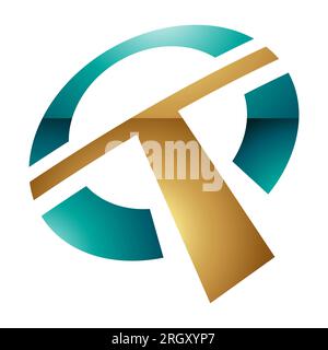 Persisch Grün und Gold glänzendes rundes T-Symbol auf weißem Hintergrund Stockfoto