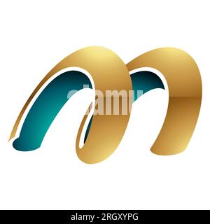 Persisch Grün und Gold glänzendes, federförmiges M-Symbol auf weißem Hintergrund Stockfoto