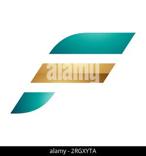 Symbol für den persischen grünen und goldenen glänzenden Buchstaben F mit horizontalen Streifen auf weißem Hintergrund Stockfoto