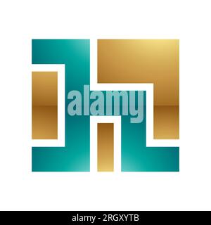 Persisches Grün- und goldenes quadratisches, glänzendes H-Symbol auf weißem Hintergrund Stockfoto