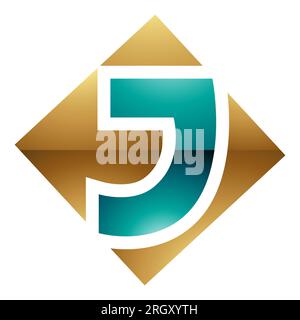 Persisches Grün und Gold glänzendes quadratisches, rautenförmiges J-Symbol auf weißem Hintergrund Stockfoto