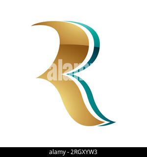 Persisch Grün und Gold glänzendes, gewelltes R-Symbol auf weißem Hintergrund Stockfoto