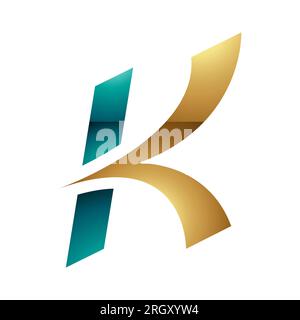 Persisches Grün und Goldenes, glänzendes kursiv geführtes, kursiv geprägtes K-Symbol auf weißem Hintergrund Stockfoto