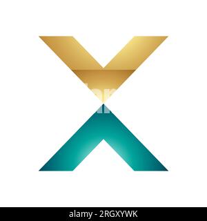 Persisch Grün und Gold Hochglanz-V-förmiges X-Symbol auf weißem Hintergrund Stockfoto