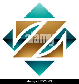 Persisches Grün und Gold glänzendes quadratisches, rautenförmiges Z-Symbol auf weißem Hintergrund Stockfoto