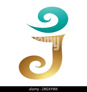 Persisches Grün- und goldenes, glänzendes, wirbelförmiges J-Symbol auf weißem Hintergrund Stockfoto
