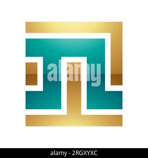 Persisch Grün und Gold glänzendes quadratisches N-Symbol auf weißem Hintergrund Stockfoto