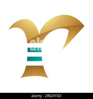 Persisch Grün und Gold glänzend gestreiftes R-Symbol auf weißem Hintergrund Stockfoto