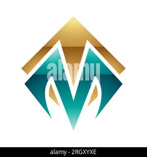 Persisches Grün und Gold glänzendes quadratisches, rautenförmiges M-Symbol auf weißem Hintergrund Stockfoto