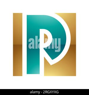 Persisch Grün und Gold glänzender quadratischer Buchstabe P auf weißem Hintergrund Stockfoto