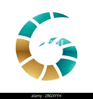 Symbol für den persischen Grün- und goldenen glänzenden Wirbel-Buchstaben G mit Streifen auf weißem Hintergrund Stockfoto