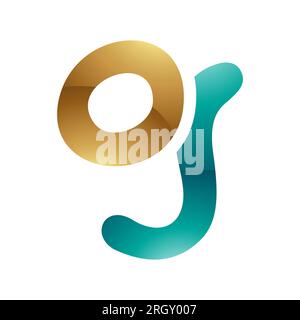 Symbol für den persischen grünen und goldenen glänzenden Buchstaben G mit weichen runden Linien auf weißem Hintergrund Stockfoto