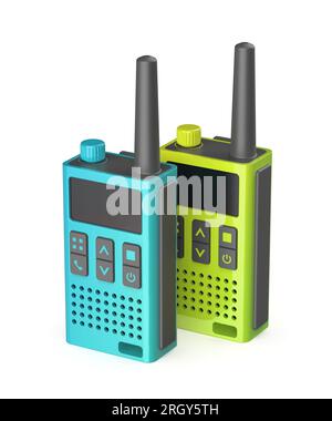 Set mit zwei verschiedenen Walkie-Talkies in verschiedenen Farben auf weißem Hintergrund Stockfoto