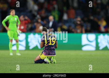 12. August 2023; Stadium Australia, Sydney, NSW, Australien: FIFA Womens World Cup Quarter Final Football, England gegen Kolumbien; Jorelyn Carabali von Columbia betet am Ende des Spiels Stockfoto