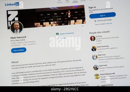 Die LinkedIn-Website von Matt Hancock, Abgeordneter von West Suffolk. Stockfoto